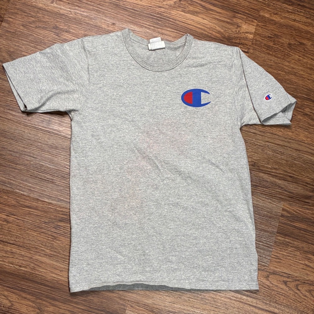 Champion T-Shirt Mens Medium Gray Excellent Big Logo Short Sleeve Athletic Tee